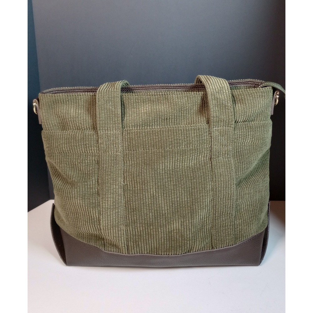 Mossy Green Corduroy Tote Shoulder Bag Travel Weekender Leather Shopper No Strap